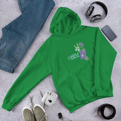 Alpha Delta Pi 1851 Comfy Hoodie in Kelly Green in lifestyle photo