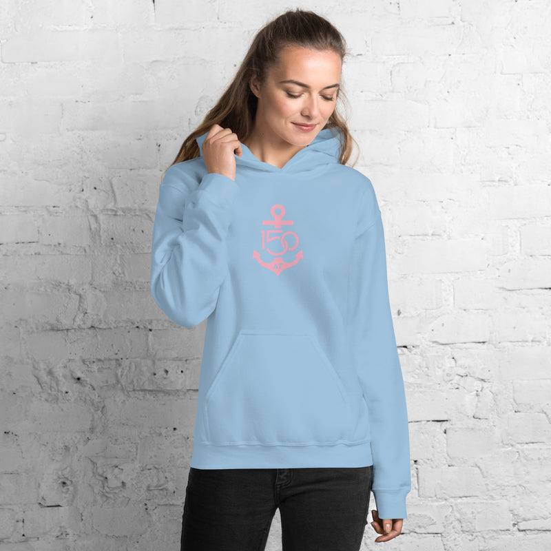 Delta Gamma 150th Anniversary hoodie in light blue with pink logo.