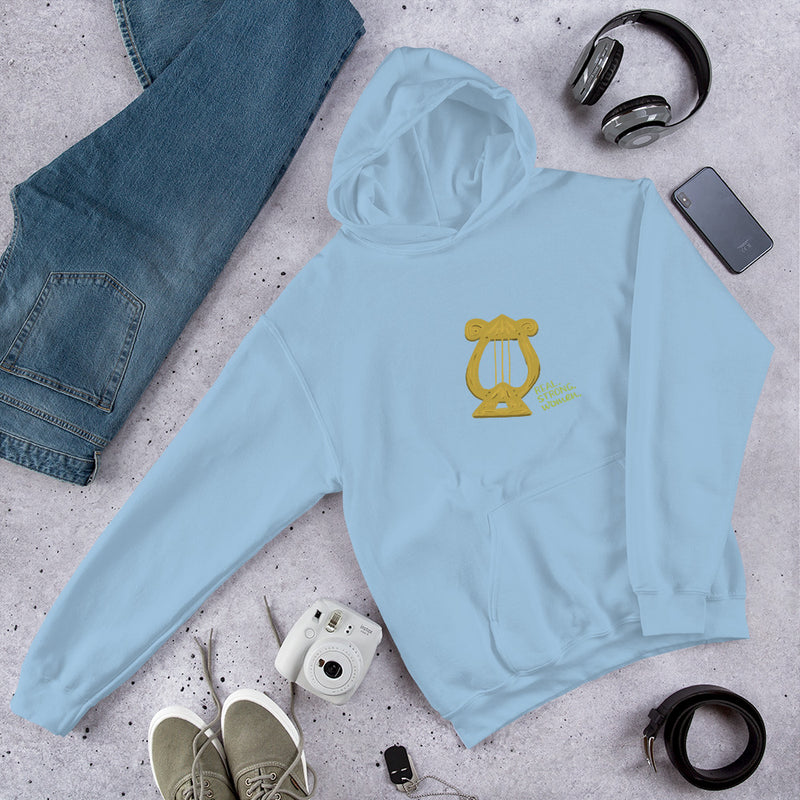 Alpha Chi Real.Strong.Women Hoodie in Llight Blue in lifetyle photo