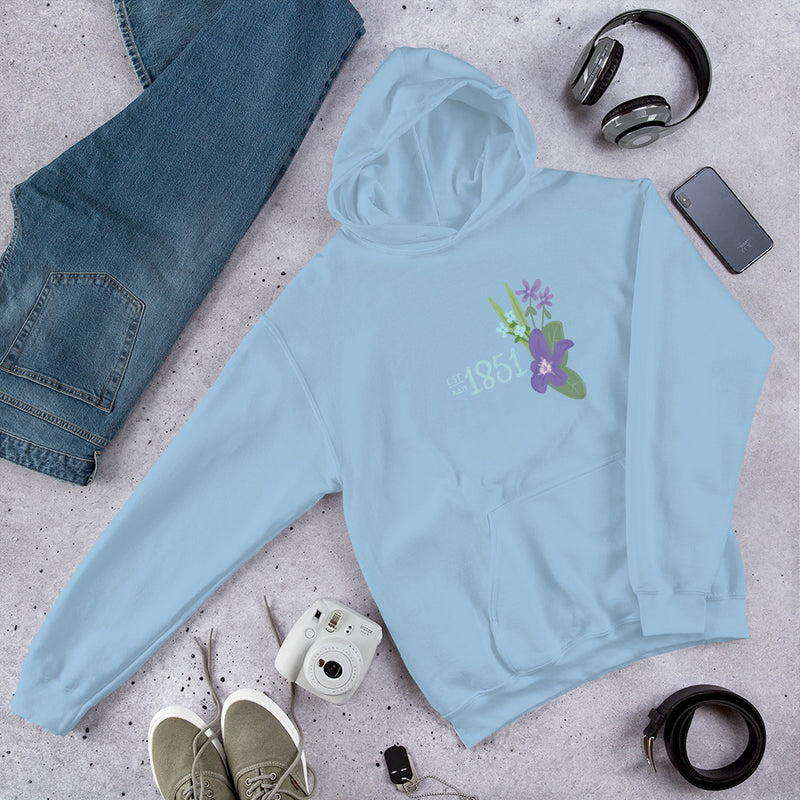 Alpha Delta Pi 1851 Comfy Hoodie in Light Blue in lifestyle photo