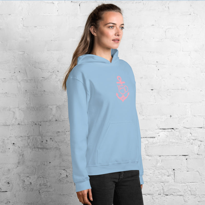 Delta Gamma 150th Anniversary Hoodie showing side view