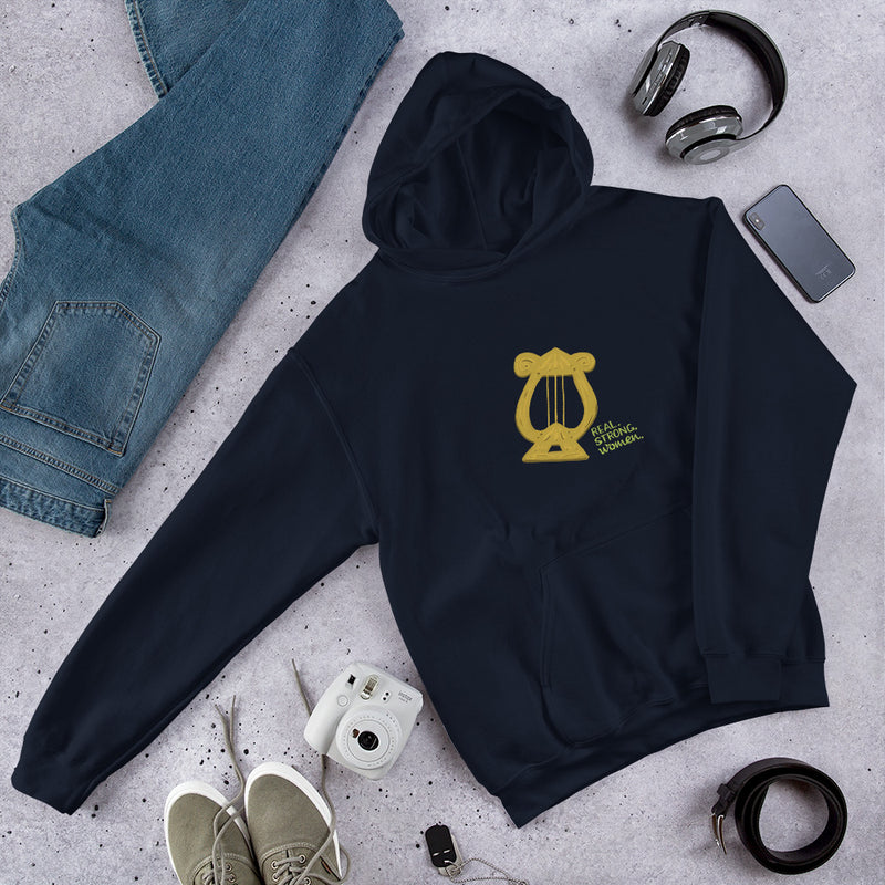 Alpha Chi Real.Strong.Women Hoodie in Navy blue in lifestyle photo
