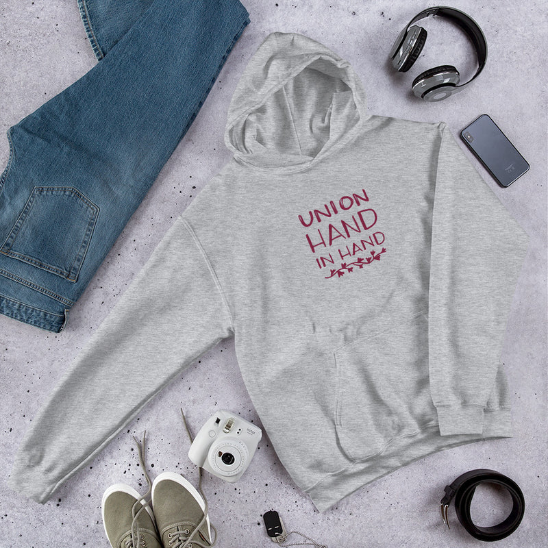 Alpha Phi Union Hand in Hand Comfy Hoodie in lifestyle photo