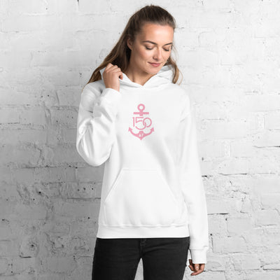 Delta Gamma 150th Anniversary hoodie in white with pink logo.