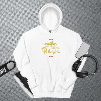 Alpha Chi Together Let Us Seek The Heights Hoodie in white with props