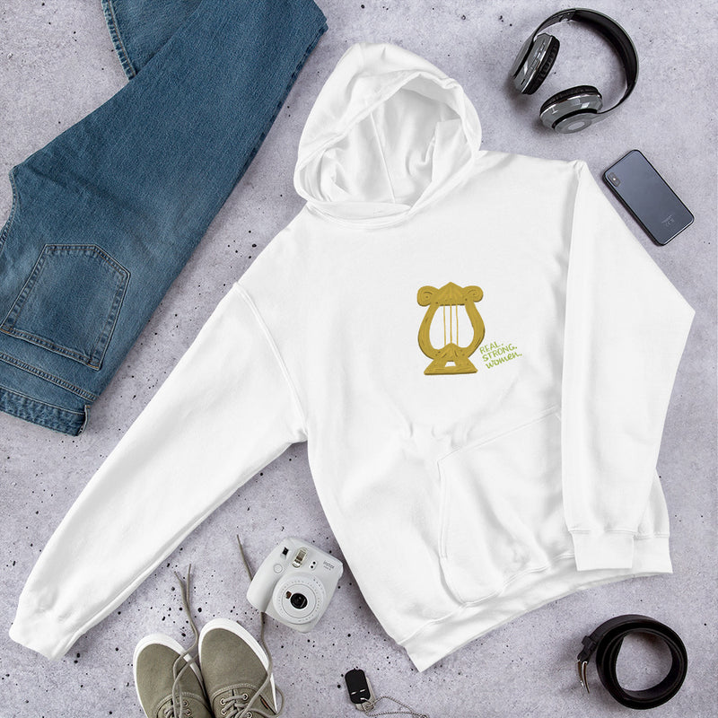 Alpha Chi Real.Strong.Women Hoodie in white in lifestyle photo