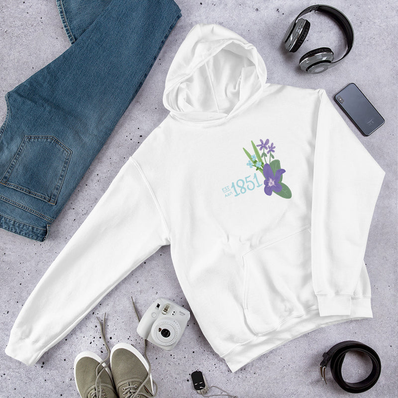 Alpha Delta Pi 1851 Comfy Hoodie in white in lifestyle photo