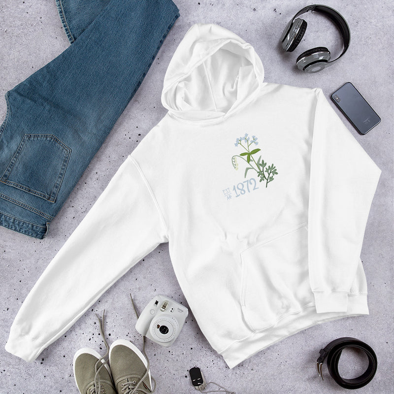 Alpha Phi 1872 Comfy Hoodie in white in lifestyle photo
