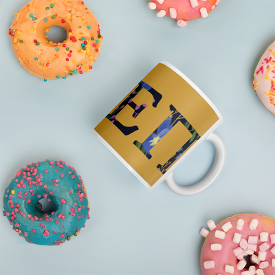 Sigma Alpha Epsilon Pi Greek Letters Mug shown with donuts