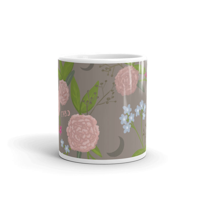Gamma Phi Beta Floral Pattern Mocha Glossy Mug showing print wrapping around mug