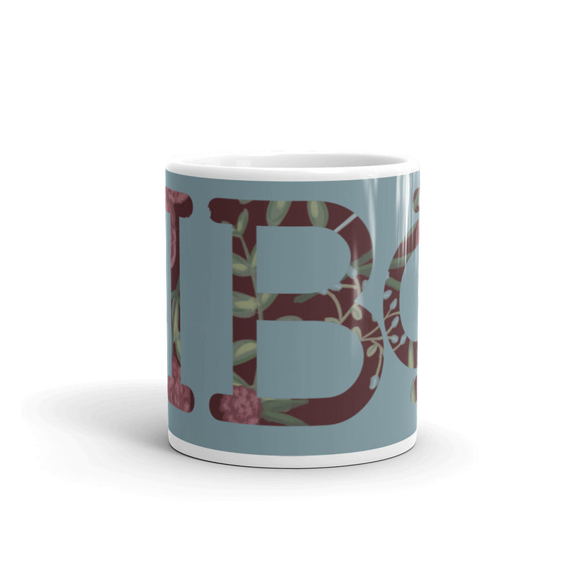 PI Beta Phi Greek Letters Silver and Wine Mug showing print wrapping around mug