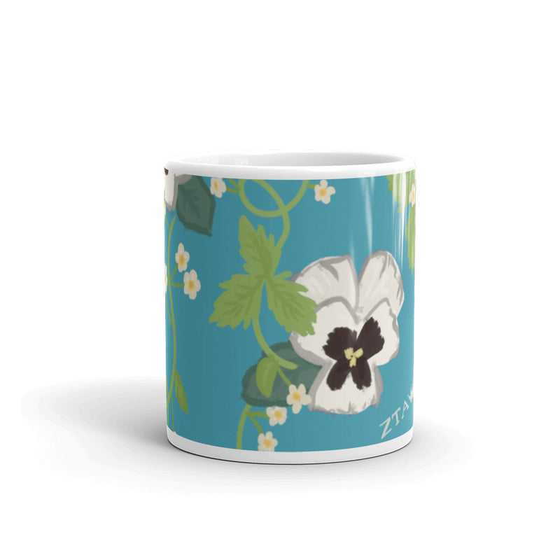 Zeta Tau Alpha Violet Floral Print Mug, Turquoise showing print on all sides of mug