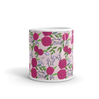 Phi Mu Pink Carnation Print Glossy Mug showing print wrapping around mug