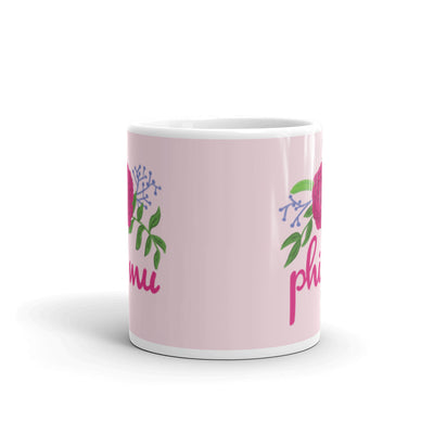 Phi Mu Carnation Design Pink Mug showing print on both sides