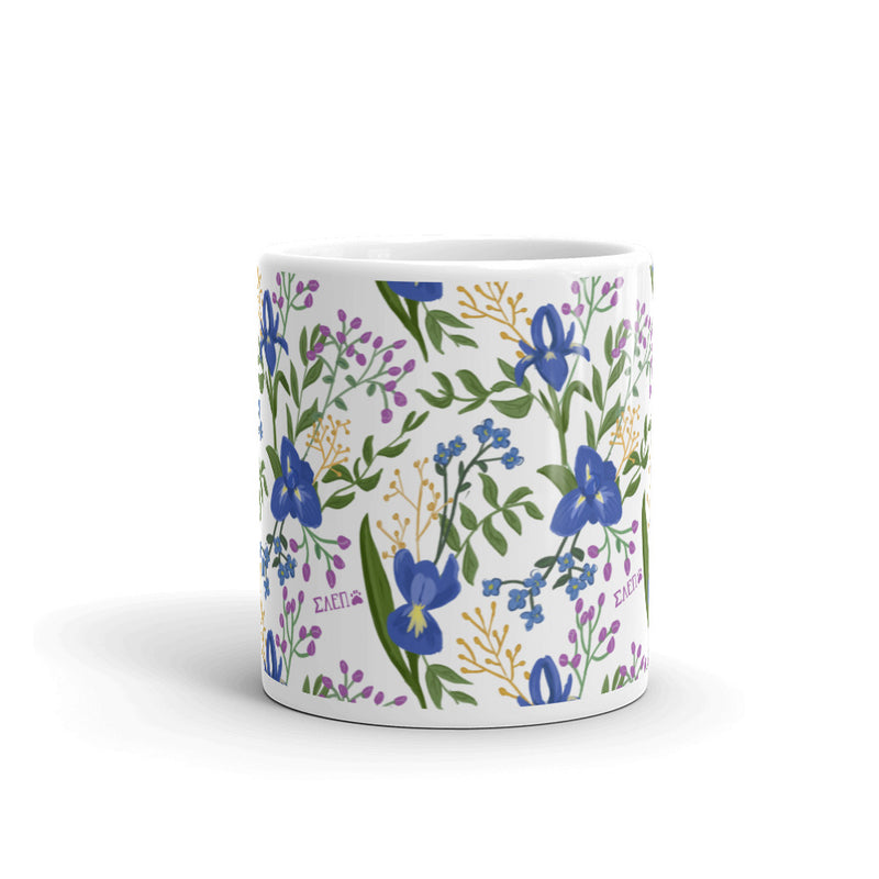 Sigma Alpha Epsilon Pi White Floral Mug showing print wrapping around mug