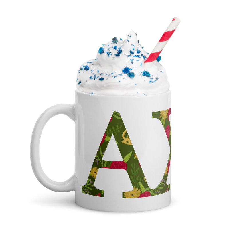 Alpha Chi Omega Greek Letters white glossy mug shown with drink and straw