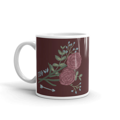 Pi Beta Phi Wine Carnation Glossy Mug showing hand drawn design