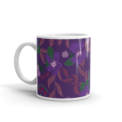 Sigma Kappa Violet Floral Print Purple Mug in 11 oz size with handle on left