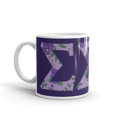 Tri Sigma Greek Letters Purple Glossy Mug with handle on left
