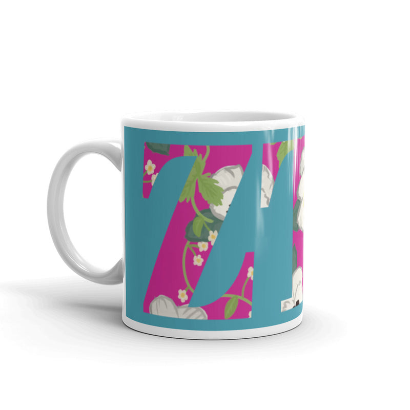 Zeta Tau Alpha Greek Letters Turquoise Mug in 11 oz size with handle on left