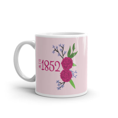 Phi Mu 1852 Founding Date Glossy Mug in 11 oz size with handle on left