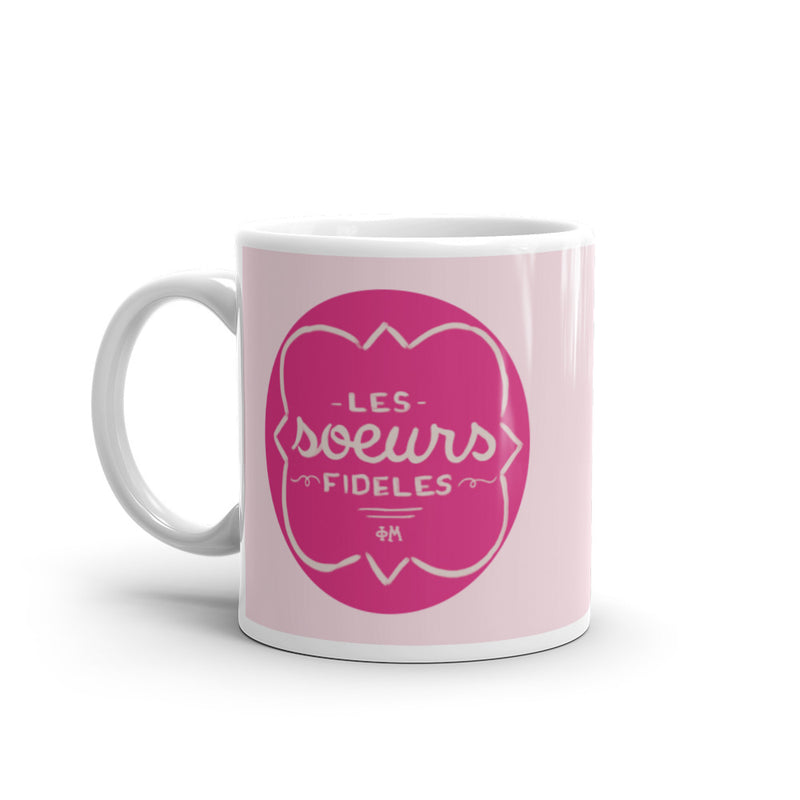 Phi Mu Motto Pink Quatrefoil Mug in 11 oz size with handle on left