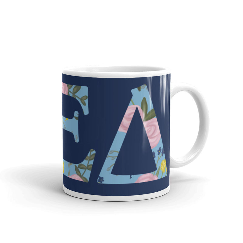 Alpha Xi Delta Greek Letter Navy Blue Glossy Mug showing print wrapping around mug