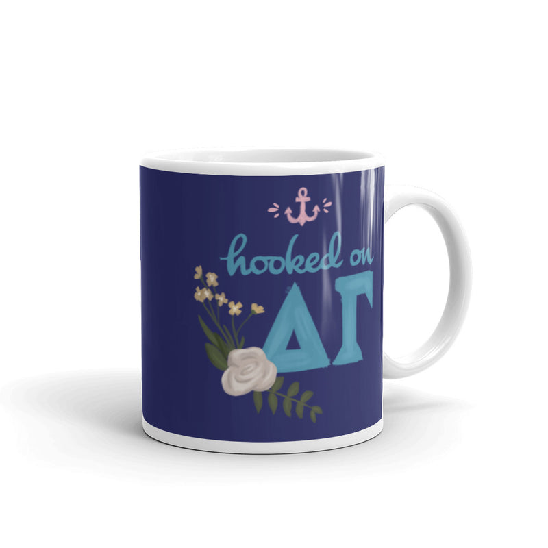 Delta Gamma Hooked on DG Blue Glossy Mug with handle on right
