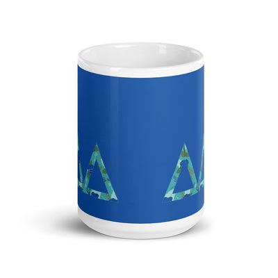 Tri Delta Greek Letters Blue Glossy Mug in 15 oz size showing print wrapping around mug