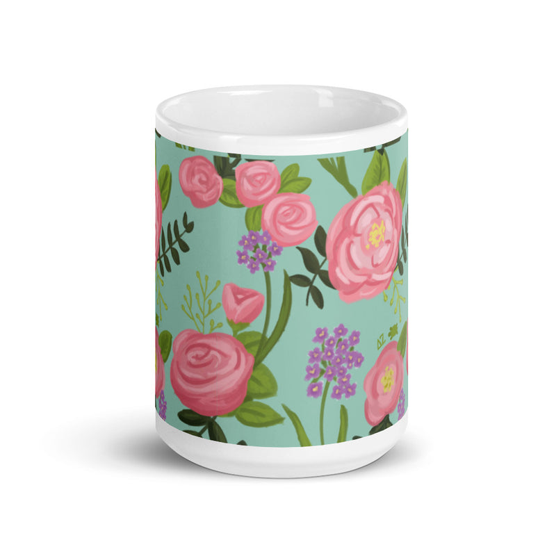 Delta Zeta Floral Pattern Glossy Mug in 15 oz size showing print wrapping around mug