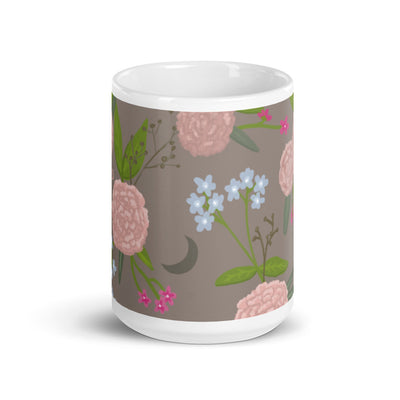 Gamma Phi Beta Floral Pattern Mocha Glossy Mug in 15 oz size showing print wrapping around mug