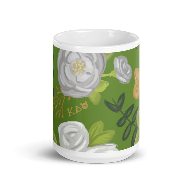 Kappa Delta Floral Pattern Glossy Mug in 15 oz size showing print wrapping around mug