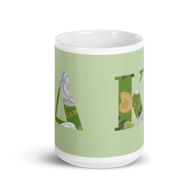 Kappa Delta Greek Letters Light Green Mug in 15 oz size showing print wrapping around mug