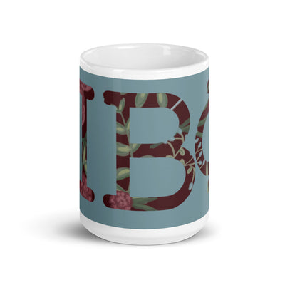 PI Beta Phi Greek Letters Silver and Wine Mug showing design wrapping around mug