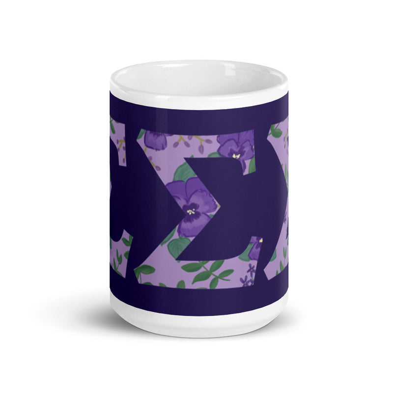 Tri Sigma Greek Letters Purple Glossy Mug in 15 oz size showing print wrapping arounnd mug