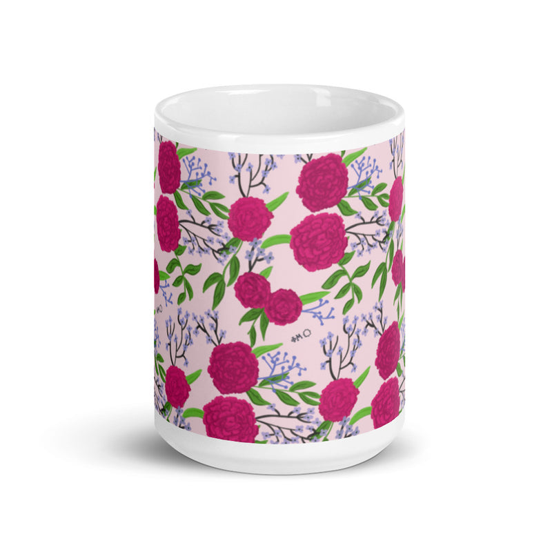 Phi Mu Pink Carnation Print Glossy Mug with print wrapping around mug