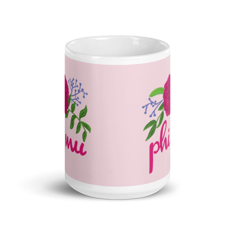 Phi Mu Carnation Design Pink Mug in 15 oz size with print on both sides