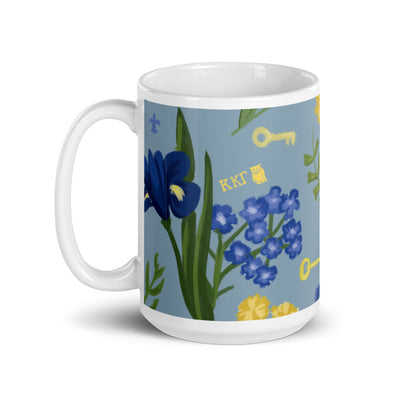 Kappa Kappa Gamma Fleur de Lis Floral Print Mug, Blue in 15 oz size with handle on left