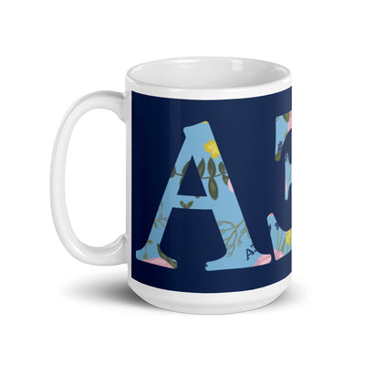 Alpha Xi Delta Greek Letter Navy Blue Glossy Mug in 15 oz size with handle on left