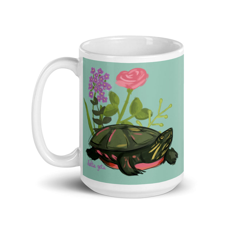 Delta Zeta Turtle Glossy Green Mug in 15 oz size with handle on left