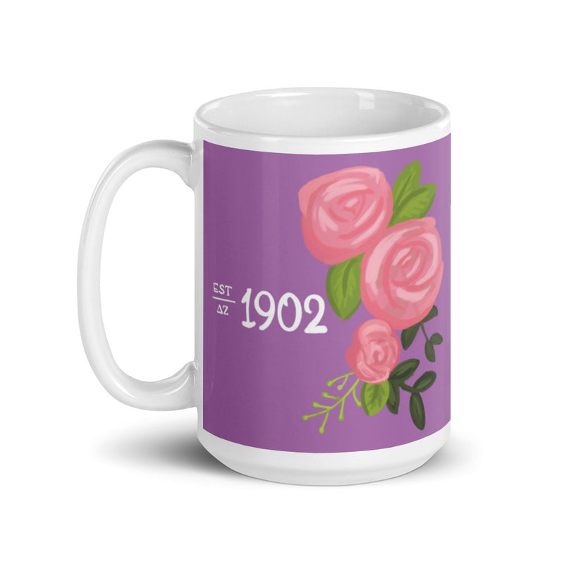 Delta Zeta 1902 Founding Date Purple Glossy Mug in 15 oz size with handle on left