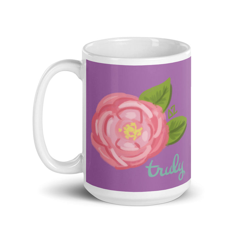 Delta Zeta Truly Purple Glossy Mug in 15 oz size with handle on left