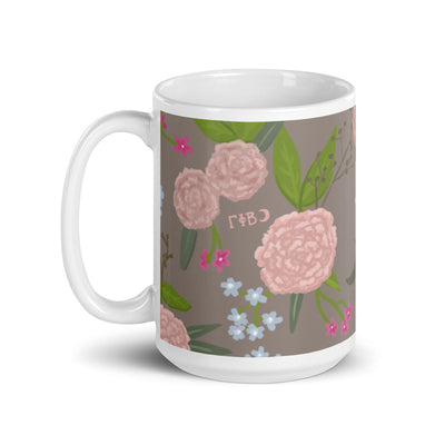 Gamma Phi Beta Floral Pattern Mocha Glossy Mug in 15 oz size with handle on left