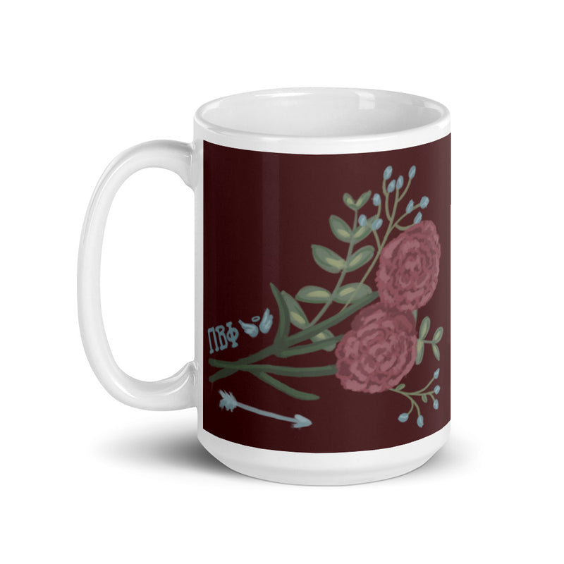 Pi Beta Phi Wine Carnation Glossy Mug in 15 oz size with hand drawn design