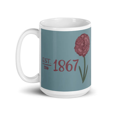 Pi Beta Phi 1867 Founding Date Silver Blue Mug in 15 oz size with handle on left