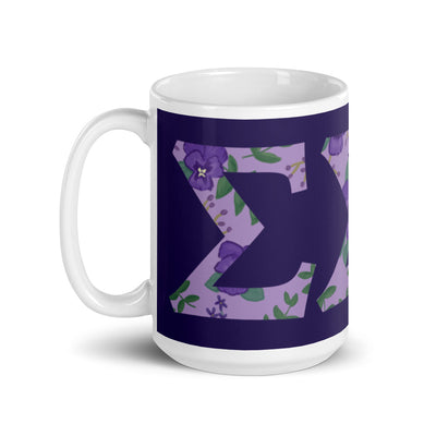Tri Sigma Greek Letters Purple Glossy Mug in 15 oz size with handle on left