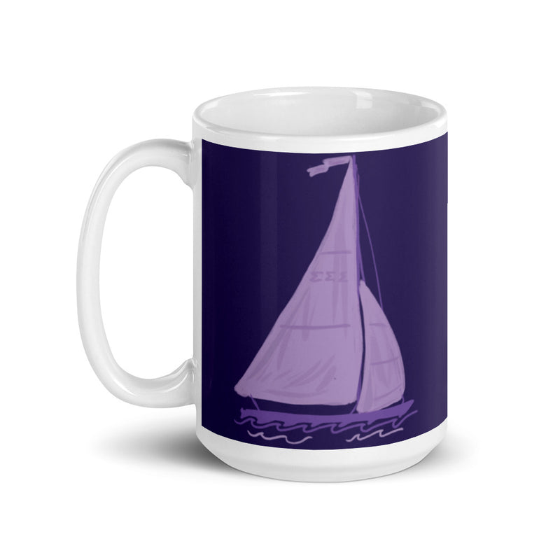 Tri Sigma Sailboat Purple Glossy Mug in 15 oz size