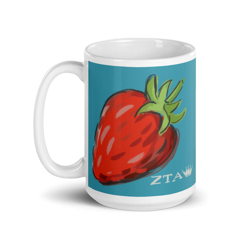 Zeta Tau Alpha Strawberry, Crown + ZTA Turquoise Mug in 15 oz size with handle on left