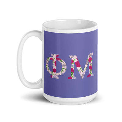 Phi Mu Greek Letters Glossy Mug in 15 oz size with handle on left
