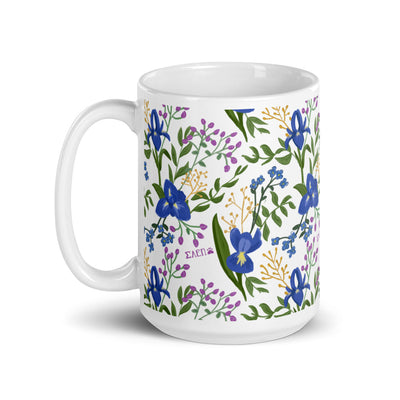Sigma Alpha Epsilon Pi White Floral Mug showing hand drawn floral print